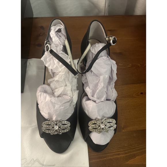 Angela Nuran Vintage Open Toe Adjustable Strap Satin‎ Black Heels 7.5 - Picture 2 of 16